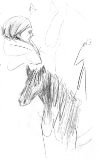 Bleistiftskizze einer Person mit Kopftuch und einem Pferdekopf, mit abstrakten Linien und Formen im Hintergrund.