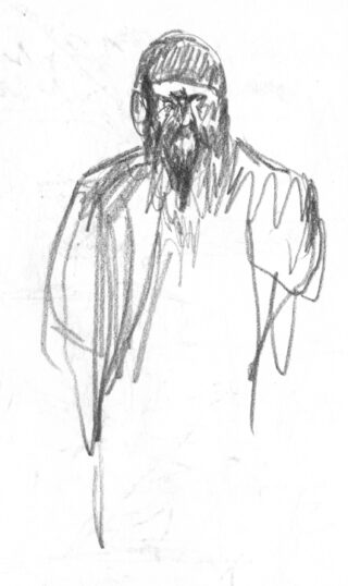 Eine grobe Bleistiftskizze einer bärtigen Person mit breiten Schultern, mit minimalen und locker gezeichneten Linien auf einem schlichten Hintergrund.