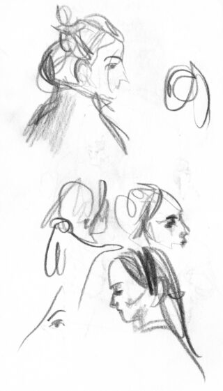 Bleistiftskizzen mehrerer Frauenprofile mit zurückgebundenem Haar, gezeichnet mit lockeren, ausdrucksstarken Linien auf weißem Papier.
