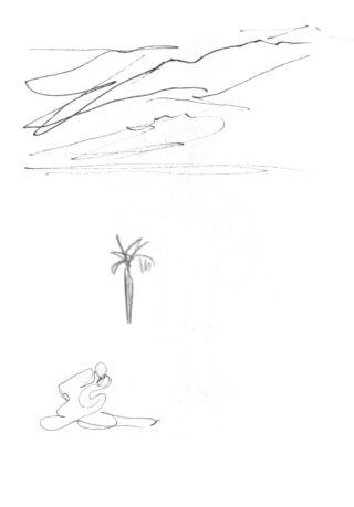 Minimalistische Bleistiftskizze von Wolken, einer Palme und zwei abstrakten menschlichen Figuren, die sich auf dem Boden umarmen.