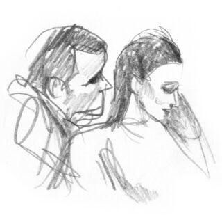 Bleistiftskizze eines Mannes und einer Frau, die eng beieinander sitzen und beide leicht nach unten und voneinander weg blicken.