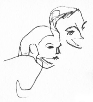 Eine einfache, abstrakte Strichzeichnung von zwei lächelnden menschlichen Gesichtern im Profil, nach rechts blickend, mit minimalen Details auf weißem Hintergrund skizziert.