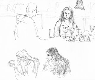 Eine Skizze von zwei Personen, die mit Gläsern und Schüsseln an einem Tisch sitzen; eine Frau wirkt nachdenklich, und zwei kleinere Skizzen darunter zeigen sie, wie sie eine Tasse hält und ihr Gesicht in ihren Händen ruht.