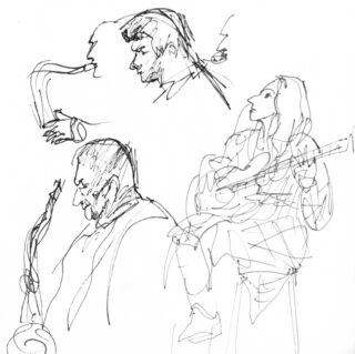 Lose Strichzeichnung von drei Musikern: einer spielt Saxophon, ein anderer sitzt und spielt Gitarre und eine dritte Person spielt ebenfalls Saxophon.