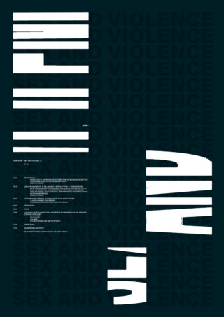 Abstraktes Grafikdesign mit großen weißen geometrischen Formen und Text auf dunklem Hintergrund, der die wiederholten Worte „SEX AND VIOLENCE“ im Hintergrund teilweise verdeckt.