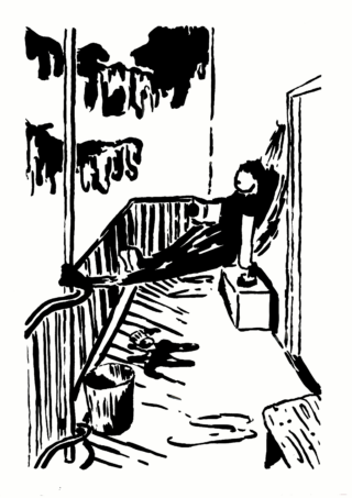 Schwarzweißzeichnung einer Person, die auf einer Veranda neben einer Mauer sitzt. Auf dem Boden steht ein Eimer, am Geländer blättert die Farbe ab, und in der Nähe steht eine Bank.