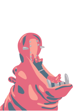 Vor einem weißen Hintergrund liegt eine Person im offenen Maul einer großen, rosafarbenen, abstrakten Kreatur mit gezackten Zähnen und gemusterter Haut.