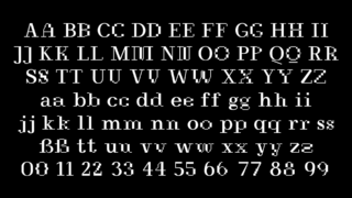 Groß- und Kleinbuchstaben des Alphabets sowie die Ziffern 0-9 in Serifenschrift auf schwarzem Hintergrund. Enthält auch das deutsche ß.