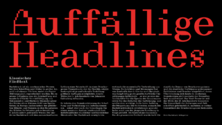 Der große, pixelige rote Text „Auffällige Headlines“ wird über Spalten mit kleinerem weißen und beigen Serifentext auf einem durchgehend schwarzen Hintergrund angezeigt.