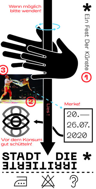 Plakatgestaltung mit kräftiger Grafik, Veranstaltungsdaten (20.–26.07.2020) und deutschem Text zu „Ein Fest der Künste“ mit Hinweis, vor dem Verzehr zu schütteln und wenn möglich umzudrehen.