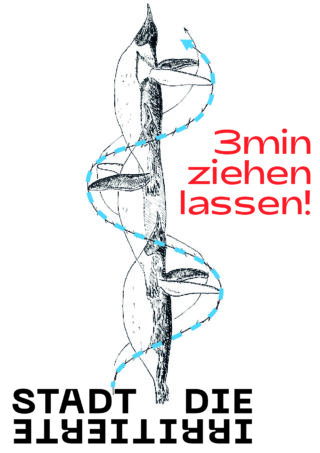 Schwarz-weiße Illustration von Pinguinen mit blauen Pfeilen, rotem Text „3min ziehen lassen!“ und verkehrt herum stehendem schwarzen Text „IRRITIERTE STADT DIE“ am unteren Rand.
