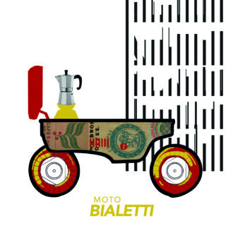 Abbildung eines Wagens mit zwei großen Rädern, einer Bialetti Moka-Kanne, einem Kaffeebeutel-Design und dem gelben Text „MOTO BIALETTI“ darunter. Vertikale schwarze Linien auf der rechten Seite.