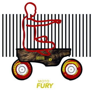 Der rote Umriss einer Person sitzt auf einem stilisierten, pelzartigen Motorrad mit bunten Rädern vor einem Hintergrund aus vertikalen schwarzen Linien. Der Text darunter lautet „MOTO FURY“.