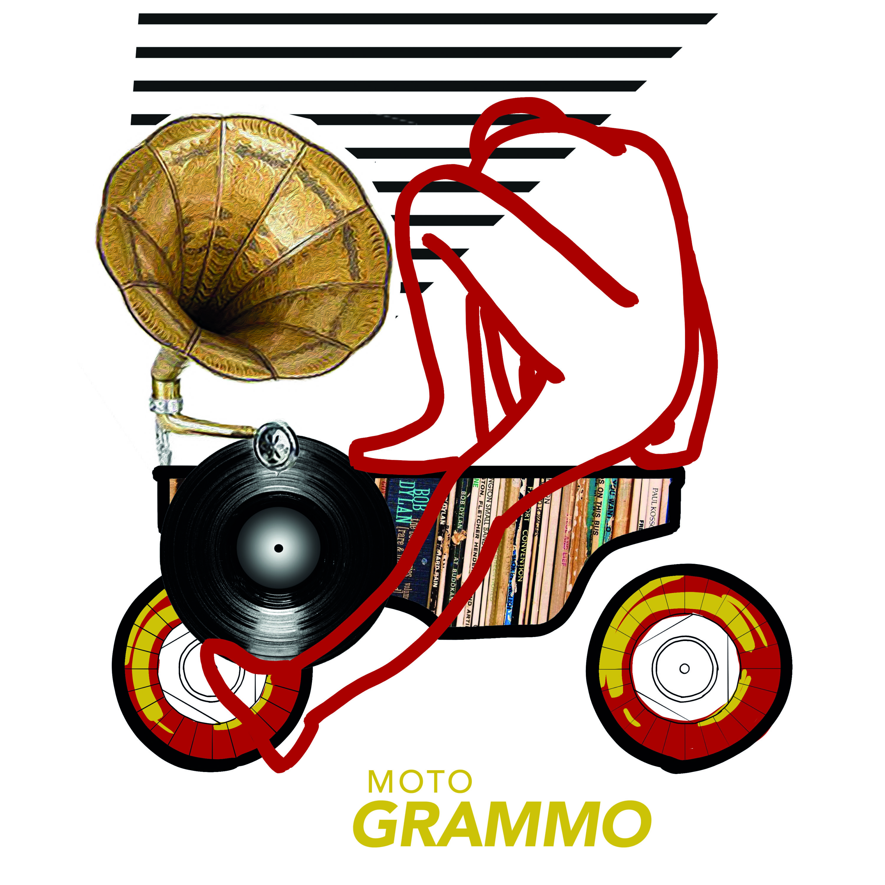 Eine stilisierte Illustration einer Person, die auf einem Wagen aus einem Grammophon, einer Schallplatte, Büchern und Rädern sitzt, mit den Worten „MOTO GRAMMO“ unten.