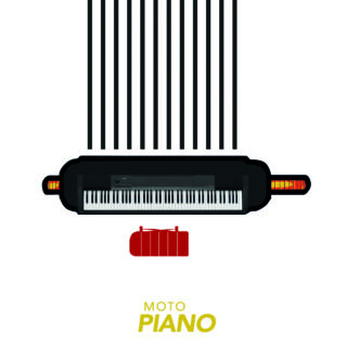 Eine Abbildung einer Klaviertastatur, die einem Motorrad ähnelt, mit Lenker, vertikalen Linien als Kabeln, einem roten Motor und den Worten „MOTO PIANO“ darunter.
