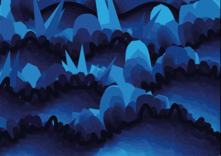 Abstraktes digitales Kunstwerk mit geschichteten blauen geometrischen Formen und gezackten Formen, die Kristallen oder Bergen ähneln, wobei verschiedene Blautöne Tiefe erzeugen.