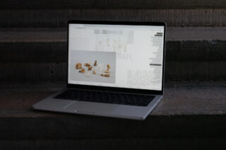 Auf Betonstufen steht ein Laptop, auf dessen Bildschirm eine Website mit Bildern von Steinen oder Artefakten und Textabschnitten angezeigt wird.