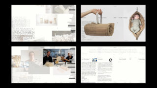 Eine Collage aus vier Website-Bildschirmen zeigt minimalistisches Produktdesign, Textartikel, ein Kleinkind in einer hängenden Wiege und Menschen, die in einem modernen Arbeitsbereich über Dinge diskutieren.