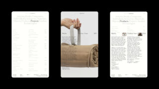 Es werden drei minimalistische Website-Seiten angezeigt; die mittlere Seite zeigt eine Hand, die ein gefaltetes, beiges Objekt mit einem metallischen Element hält, während die Seiten Listen mit Artikeln und Projekten enthalten.