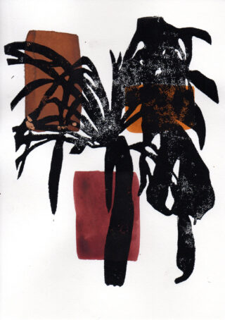 Abstrakte Darstellung einer Pflanze mit schwarzen Blättern, die drei farbige Rechtecke in Orange, Braun und Rot auf weißem Hintergrund überlappen.