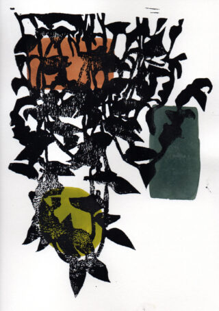 Abstrakter Druck aus schwarzen blattähnlichen Formen, die oben ein orangefarbenes Oval, rechts ein grünes Rechteck und unten ein gelbes Oval auf weißem Hintergrund überlappen.