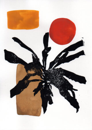 Abstraktes Kunstwerk mit einer schwarzen pflanzenähnlichen Form, einem orangefarbenen Rechteck, einem roten Kreis und einem bräunlichen Oval auf weißem Hintergrund.