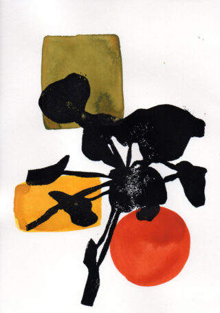 Abstraktes Kunstwerk mit schwarzen pflanzenähnlichen Formen, die auf einem grünen Rechteck, einem gelben Rechteck und einem leuchtend rot-orangen Kreis auf weißem Hintergrund liegen.