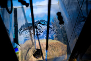 Foto eines Duschbodens mit einem projizierten Bild von Bergen und Gras, wobei Wasserrohre Schatten auf die Projektion werfen.