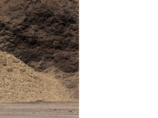 Ein großer Haufen dunkler Erde oder Kompost liegt auf nacktem Boden und nimmt die linke Hälfte des Bildes ein; die rechte Hälfte ist leerer weißer Raum.