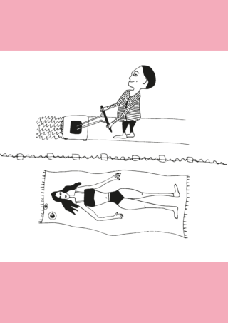 Oben bedient eine Person einen Rasenmäher auf dem Gras, während unten, durch eine dünne Linie getrennt, eine Frau im Badeanzug auf einem Handtuch liegt.