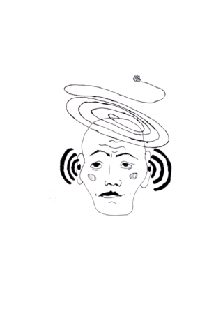 Strichzeichnung des Kopfes einer Person mit darüber kreisenden Spirallinien, Wellenlinien an den Ohren und einem kleinen, kreisenden Objekt, das Schwindel oder Verwirrung suggeriert.