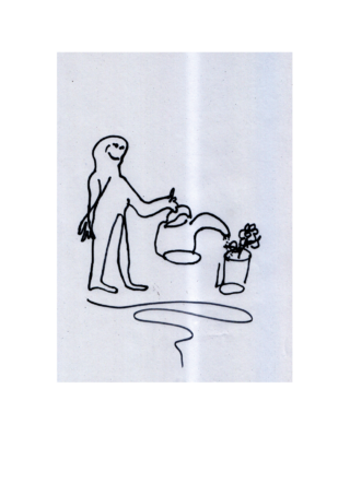 Eine einfache Strichzeichnung einer lächelnden Figur, die eine kleine Topfpflanze mit einer großen Gießkanne gießt.