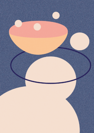 Abstrakte geometrische Formen, darunter Kreise, ein Oval und ein Ring, überlappen sich vor einem gesprenkelten blauen Hintergrund in gedämpften Pastellfarben.