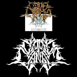 Das Bild zeigt drei komplizierte, abstrakte Logos von Metal-Bands, die vertikal angeordnet sind, in unterschiedlichen Farben und Stilen auf schwarzem Hintergrund.