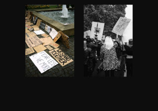 Links: Protestschilder aus Pappe an einem Brunnen. Rechts: Menschenmenge hält Protestschilder hoch, auf einem steht „KEINE GERECHTIGKEIT, KEIN FRIEDEN“.