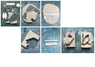 Visueller Prozess in sieben Schritten, der Papiervorlagen und Tonstücke zeigt, die auf einer Gitteroberfläche angeordnet sind und die Schritte zur Erstellung einer geometrischen Reliefskulptur aus Ton demonstrieren.