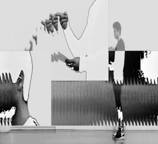 Abstrakte Grafik mit Schwarz-Weiß-Photo einer Person.