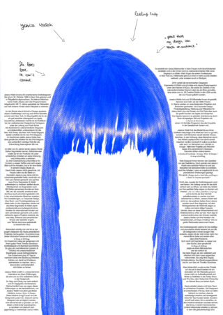 Ein digitales Kunstwerk zeigt die obere Hälfte glatten blauen Haares mit Pony, umgeben von handgeschriebenem und getipptem Text auf weißem Hintergrund. Das Gesicht ist leer.