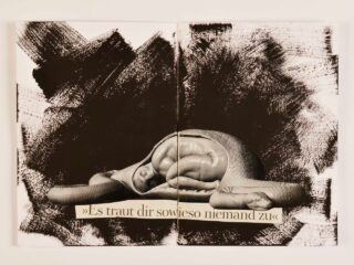 Eine Person ist in einer schlangenartigen Kreatur zusammengerollt, auf einem abstrakten schwarz-weißen Hintergrund mit dem deutschen Text: „Es traut dir sowieso niemand zu.“.