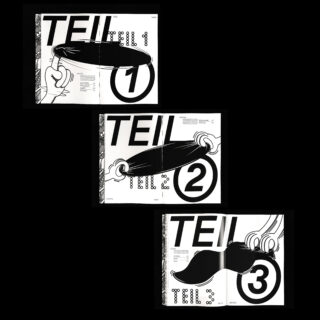Auf drei Seiten mit der Überschrift „TEIL 1“, „TEIL 2“ und „TEIL 3“ ist jeweils eine Hand zu sehen, die an einer großen Schnurrbartgrafik zieht, wodurch auf den Seiten nach und nach mehr vom Schnurrbart zum Vorschein kommt.