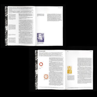 Zwei aufgeschlagene Buchseiten zeigen deutschen Text, dekorative schwarz-weiße Ränder und kleine Abbildungen von Personen; auf der unteren Seite sind zudem Diagramme und Überschriften zu sehen.