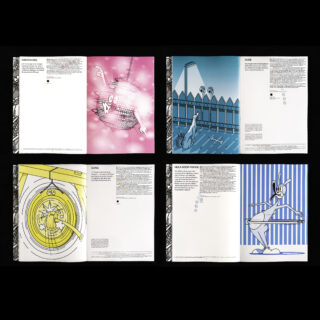 Es werden vier offene Bücher gezeigt, die jeweils eine stilisierte Cartoon-Kaninchen-Illustration mit einem Textblock auf einer weißen Seite zeigen. Die Illustrationen zeigen verschiedene Aktivitäten und farbige Hintergründe.