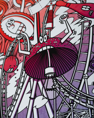 Illustration von Comic-Objekten mit wütenden Gesichtern, die in einem leuchtenden Rot- und Lila-Farbschema auf einer Achterbahn fahren.