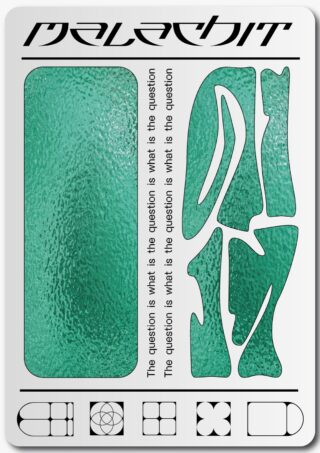 Ein Grafikdesign mit smaragdgrünen strukturierten Formen, dem Wort „Malachit“ oben und dem wiederholten Text „Die Frage ist, was die Frage ist“ neben geometrischen Symbolen unten.