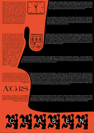 Ein Poster zeigt Textblöcke über den Designer Michael Claasen, eine Uhr, ein Wappen, ein Logo und Silhouetten schwarzer Pferde am unteren Rand, alles auf einem orangefarbenen und schwarzen Hintergrund.