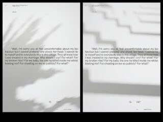 Ein geteiltes Bild eines unscharfen Textauszugs über die Reaktion einer Frau auf Misshandlungen in ihrer Ehe; die linke Seite ist klarer, die rechte Seite ist blasser und schattiger.