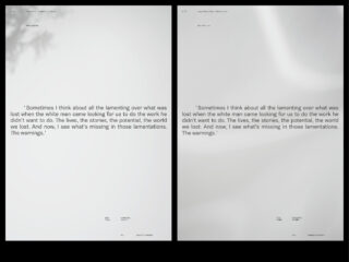 Nebeneinander angeordnete Bilder zeigen eine minimalistische Seite mit demselben getippten Zitat über Verlust und Warnungen im Zusammenhang mit den Auswirkungen der Kolonisierung vor einem schlichten, hellen Hintergrund.