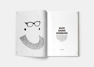 Minimalistische Magazinstrecke mit einer schwarzen Strichzeichnung einer Brille, Ohrringen und eines Kragens auf der linken Seite und einem Text über Ruth Bader Ginsburg auf der rechten Seite.