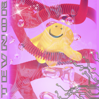 Ein gelber, lächelnder Klecks schwebt zwischen roten, röhrenartigen Strukturen und transparenten Blasen auf einem rosa Hintergrund mit kreisähnlichen Mustern und vertikalem Text auf der linken Seite.