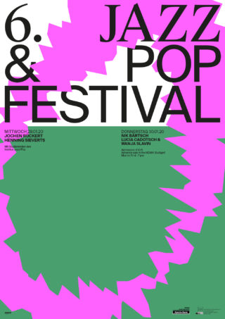 Poster für das 6. Jazz & Pop Festival mit gezackten abstrakten Formen in Rosa und Grün, fettem schwarzem Text und Veranstaltungsdetails in der unteren linken Ecke.
